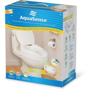 Siège de toilette allongé et surélevé, avec couvercle, par AquaSense®, boîte pour la vente au détail